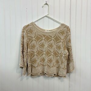 Solitaire Beige and White Floral Embroidered scalloped hem cropped Blouse